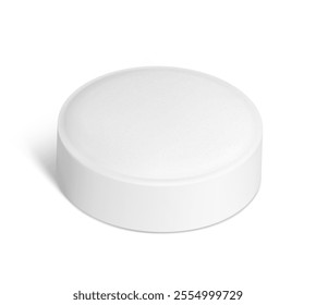 Realistic round tablet mockup isolated on white background. Vector illustration. Can be used for pharmacy and cosmetic. Mockup versatile for health and wellness projects. EPS10.