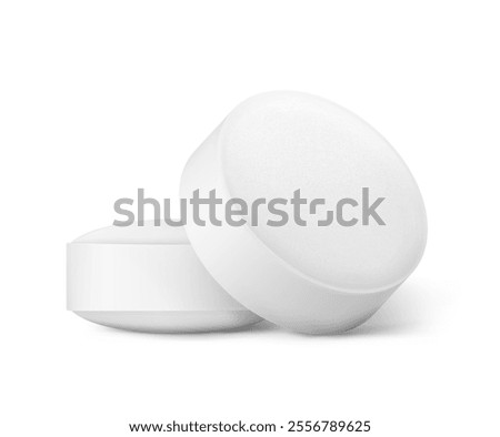 Realistic round tablet mockup isolated on white background. Vector illustration. Can be used for pharmacy and cosmetic. Mockup versatile for health and wellness projects. EPS10.