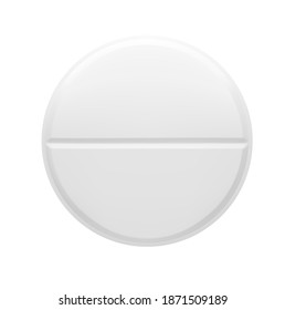 Realistische runde Tablette mit einem Streifen in der Mitte. Vektorgrafik einzeln auf weißem Hintergrund. Kann für medizinische und kosmetische Zwecke verwendet werden. EPS10.	