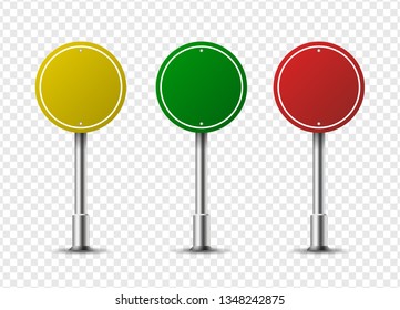 Realistic round traffic signs on metal steel pole isolated. Diffrent road panels mockup - board text, city location. stop, danger, warning signage. Vector