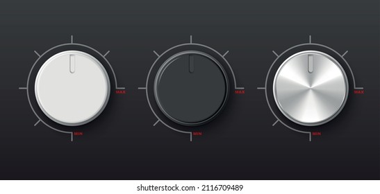 Realistic round white black and silver adjustment dials against dark background isolated vector illustration