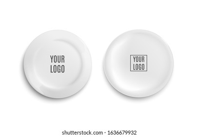 Realistic round white plate mockup set with logo text template isolated on white background - shiny ceramic plates from top view, vector illustration.