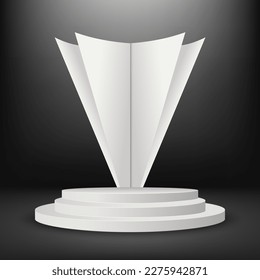 Realistic round white stage on a dark background. White round podium and high decorative element. Illustration for product demonstration and advertising.