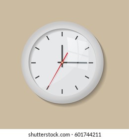 Realistic round white wall clock isolated on a beige background. Modern analog clock hanging on the wall. Vector illustration.