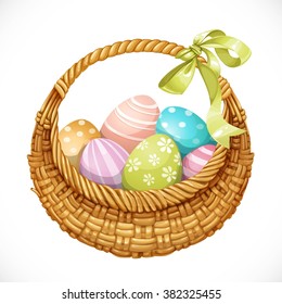 Realistic round wicker basket with Easter eggs isolated on white background