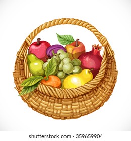 Realistic round wicker basket filled with fruits pomegranate, grape, peach, apple, plum, pear, tangerine isolated on white background