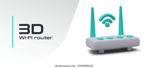 Enrutador realista con antenas verdes y señal WiFi. Transferencia de datos inalámbrica. Hotspot, módem. Ilustración del vector de color. Equipamiento moderno. Plantilla para diseño web