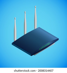 Realistic router in isometry. Vector isometric illustration of electronic device, modem with green lights indicators and three vertical antennas. Blue electronic gadget isolated on blue backgroun