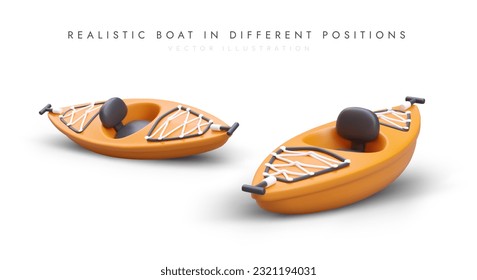 Realistic rowing boat in different positions. Single kayak with comfortable seat. Equipment for swimming on river, lake. Set of vector illustrations on white background