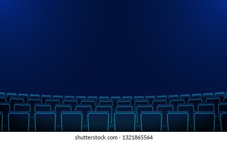 Realistic rows of blue chairs cinema or movie theater seats in the darkness. Cinema auditorium and movie theater empty scene design.Vector flat style cartoon illustration. Movie cinema premiere poster