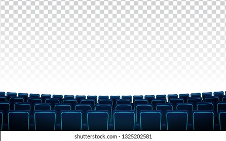 Realistic rows of blue chairs cinema or movie theater seats in front of transparent background. Film auditorium and movie theater empty scene design for sample text space. Movie hall premiere poster