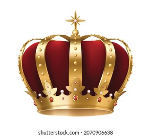 Realistic royal crown. Imperial gold luxury monarchy medieval crown for heraldic sign isolated. Golden elegant crowning headdress vintage on white background. Vector illustration