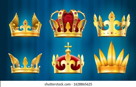 Realistic royal crown. King jewels, monarchs crowns with gems stones vector set. Collection of golden headgears and coronets decorated by pearls, precious stones. Bundle of elegant monarchy regalia.