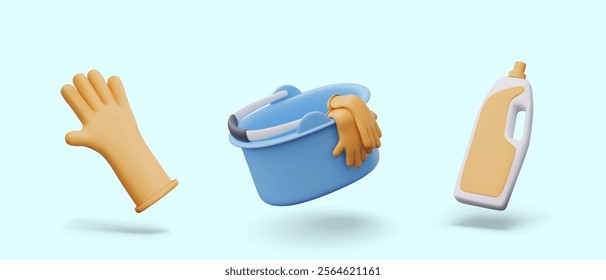 Realistic rubber glove, big bottle with handle and blank label, bucket with gloves. Isolated templates for manual wet cleaning concepts. Packaging mockup, place for logo