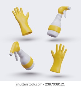 Realistic rubber gloves on right and left hand, spray gun in different positions. Yellow vector illustration with shadows. Set of images on cleaning theme. Templates for color web design
