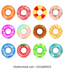 Realistic rubber ring. 3d swim accessories inflatable wheel swimming pool lifebuoy sea floating, inflatables summer beach toy round balloons donut top view tidy vector illustration