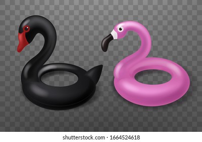 Realistic rubber swimmng rings flamingo and black swan pool water toy.