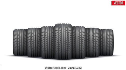 Realistic rubber tires banner. Front view. Vector Illustration isolated on white background.