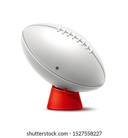 Realistic rugby ball. American football equipment decoration design. Vector team game tournament and competition poster. Sport betting design.