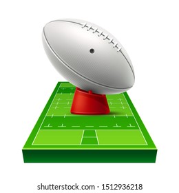 Realistic rugby ground with leather ball on green grass field. Betting poster design. American football championship vector banner. Team sport game illustration.