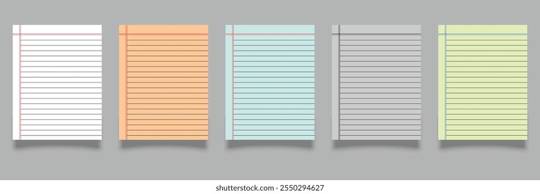 Realistic rule paper page of notebook. School sheet with lines and grid. Notepad for mathematics and letter and blank notepaper isolated on gray background.