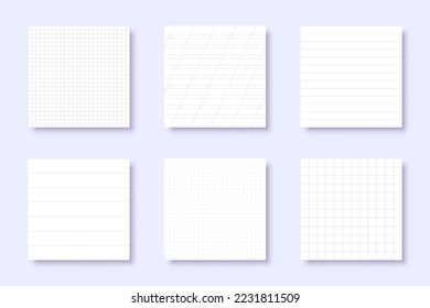 Realistic ruled lined pattern notepad blank flat set. Dots line grid oblique line paper perfect design office school study work layout template note list sheet school writing pad empty memo isolated