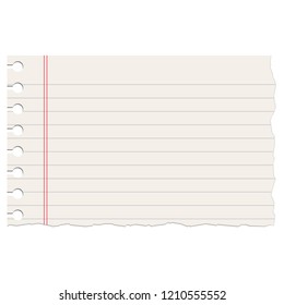 Realistic ruled notebook ripped empty sheet. Torn notebook school paper sheet with red and grey lines.