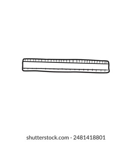 Realistic ruler line as a children school equipment for lessons, geometry, measurements in black isolated on white. Hand drawn vector sketch illustration in doodle engraved vintage line art style