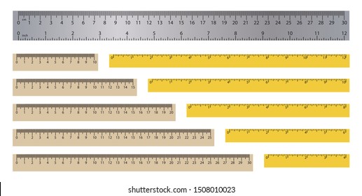 Realistic rulers. Measuring tool. School supplies. Double sided measurement in cm and inches. Vector illustration