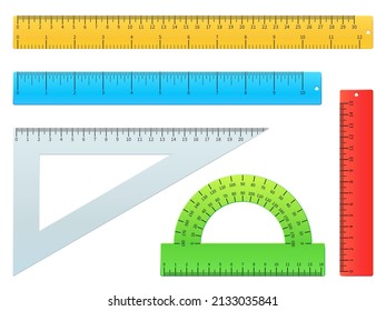 Realistic rulers. School accessories. Measuring length and angles. Units meter. Straight lines. Protractor and square. Centimeter and millimeter measurement. Vector