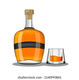 Realistic rum glass and bottle. Traditional alcohol drink bottles mockup. Brandy, scotch, whiskey, brown beverage bottles. Vector strong alcohol drinks. Good for banner, advertising, menu, app