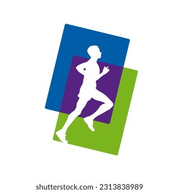 Realistic running man. Runner inside two squares. Vector template in blue and green, logo template 