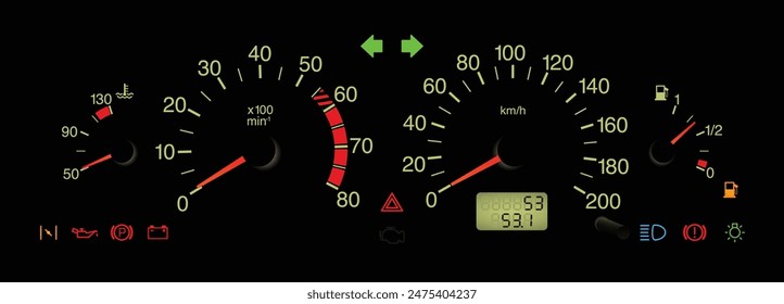 Realistic Russian carburetor engine car instrument panel with illumination illustration vector.