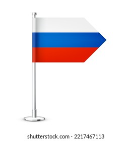 Realistic Russian table flag on a chrome steel pole. Souvenir from Russia. Desk flag made of paper or fabric and shiny metal stand. Mockup for promotion and advertising. Vector illustration
