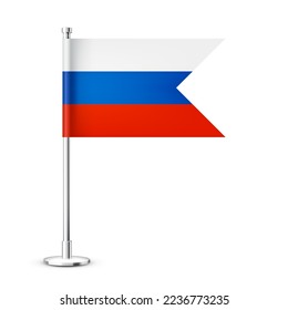 Realistic Russian table flag on a chrome steel pole. Souvenir from Russia. Desk flag made of paper or fabric and shiny metal stand. Mockup for promotion and advertising. Vector illustration