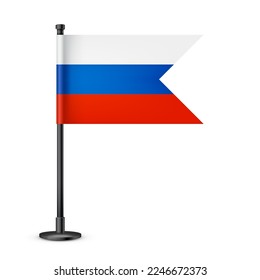 Realistic Russian table flag on a black steel pole. Souvenir from Russia. Desk flag made of paper or fabric and shiny metal stand. Mockup for promotion and advertising. Vector illustration