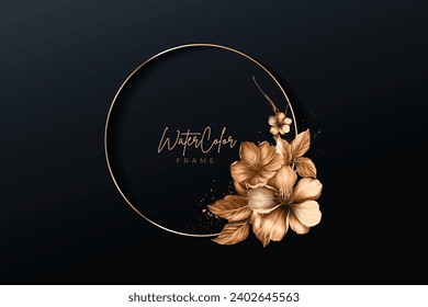 Realistic rustic hand drawn watercolor floral design with golden circle flowers frame