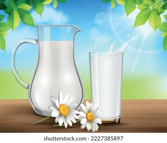 Realistischer rustikaler Sommerhintergrund mit Glas frischer Milch auf Holztisch bei Glaskrug Vektorgrafik