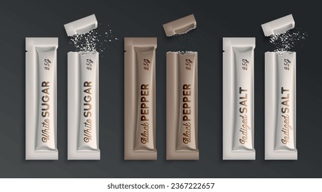 Realistic sachet packet set with top view of isolated sugar pepper and salt sticks paper packages vector illustration