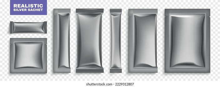 Realistic sachet packet silver set with editable text and top view of empty silver wrapping packages vector illustration
