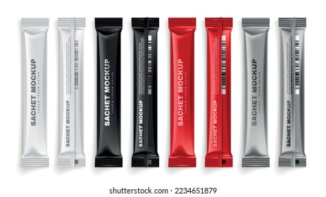 Realistic sachet packing stick color set with isolated top view images of sugar sticks with text vector illustration