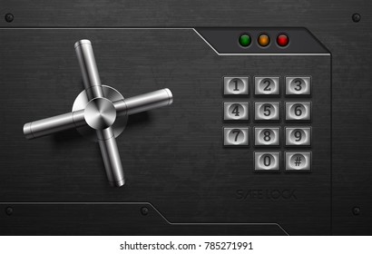 Realistic safe lock metal element on brushed black iron background with rivet. Stainless steel wheel. Vector icon design element. Retro style keypad buttons panel. Safety privacy protection concept