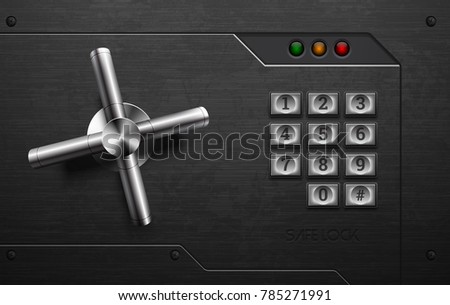 Realistic safe lock metal element on brushed black iron background with rivet. Stainless steel wheel. Vector icon design element. Retro style keypad buttons panel. Safety privacy protection concept