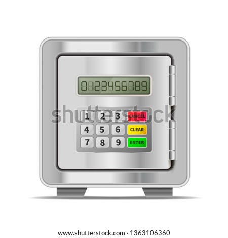 Realistic safe made from bright glossy metal steel with electronic lock and code panel isolated on white