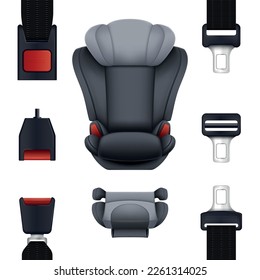 Realistic safety belt car seat set of isolated icons with front and top views of seatbelt vector illustration