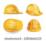 Realistic safety construction helmet composition with isolated images of yellow hard hat with different view angles vector illustration