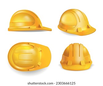 Realistic safety construction helmet composition with isolated images of yellow hard hat with different view angles vector illustration - Shutterstock ID 2303666125