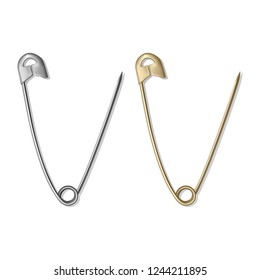 Realistic safety pins for clothes, gold and silver colors isolated on white, vector illustration