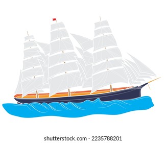Vela de velero realista en las olas. Barco de vela en el mar. Ilustración vectorial.