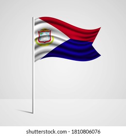Realistic Saint Martin country flag waving in wind. Abstract country flag with flagpole isolated on grey background